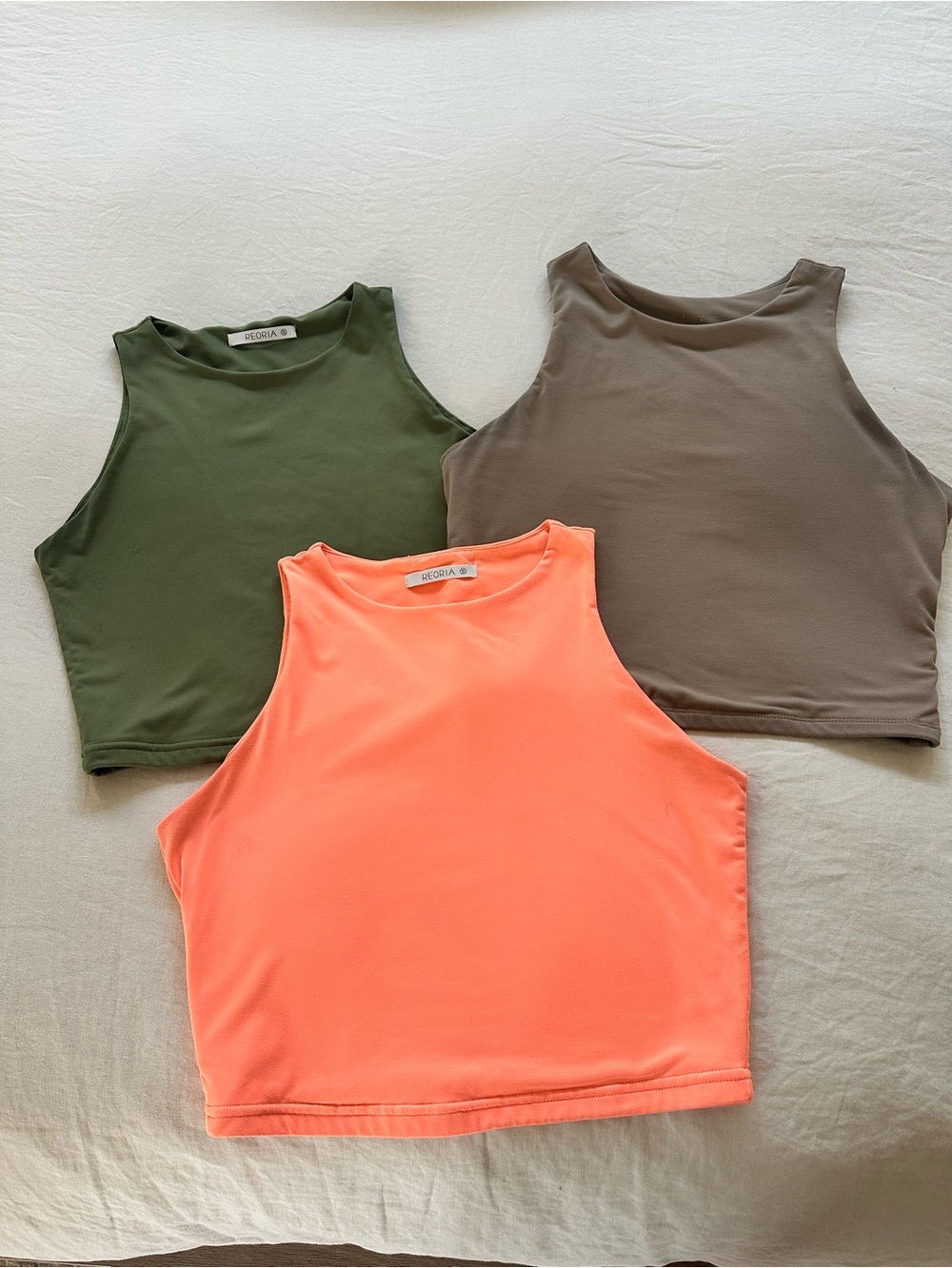 3 High Neck Crop Tanks - Coral Pink, Taupe, Olive Green